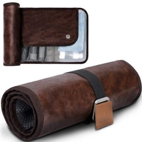 Darrahopens Health & Beauty > Cosmetic Storage > Cosmetic & Toiletry Bags Brown Men's PU Leather Toiletry Bag - Waterproof Travel Organizer for Shaving Kits & Bathroom Accessories (50.8x25.4 cm unfolded, 25.4 cm rolled)