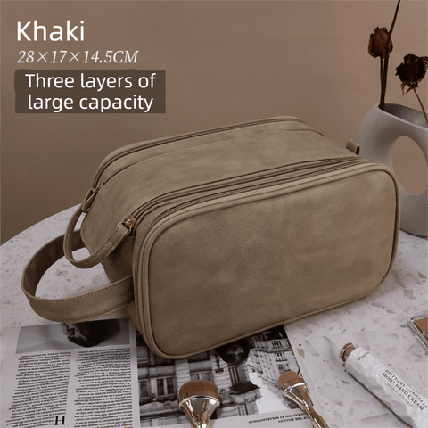 Darrahopens Health & Beauty > Cosmetic Storage > Cosmetic & Toiletry Bags Khaki Premium TPU Leather Dual-Zipper Cosmetic Bag with 3 Dry & Wet Separation Zone - Large Capacity Travel Toiletries Organizer
