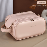 Darrahopens Health & Beauty > Cosmetic Storage > Cosmetic & Toiletry Bags Large Pink PU Leather Makeup Bag Dual Zipper Cosmetic Travel Case Waterproof Toiletry Organiser with Brush Compartment