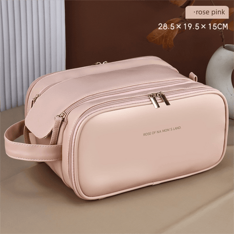 Darrahopens Health & Beauty > Cosmetic Storage > Cosmetic & Toiletry Bags Large Pink PU Leather Makeup Bag Dual Zipper Cosmetic Travel Case Waterproof Toiletry Organiser with Brush Compartment
