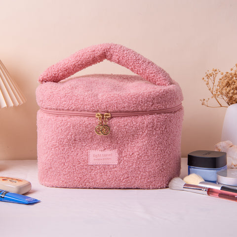Darrahopens Health & Beauty > Cosmetic Storage > Cosmetic & Toiletry Bags Large Plush Teddy Fleece Cosmetic Bag - Soft Sherpa Makeup Case with Handle - Pink Travel Toiletry Organiser (26cm)