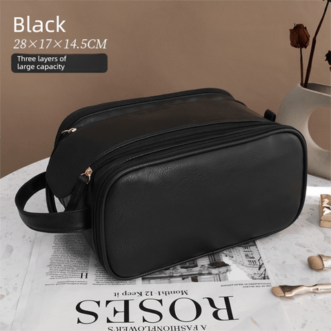 Darrahopens Health & Beauty > Cosmetic Storage > Cosmetic & Toiletry Bags Luxury Black Large Capacity Makeup Bag – 3-Layer Double Zipper Travel Toiletry Organizer with Waterproof TPU Brush Holders