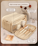 Darrahopens Health & Beauty > Cosmetic Storage > Cosmetic & Toiletry Bags Luxury Camel Colour Large Capacity Makeup Bag – 3-Layer Double Zipper Travel Toiletry Organizer with Waterproof TPU Brush Holders