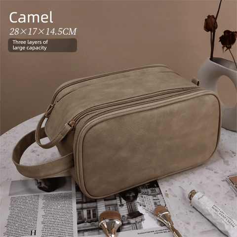 Darrahopens Health & Beauty > Cosmetic Storage > Cosmetic & Toiletry Bags Luxury Camel Colour Large Capacity Makeup Bag – 3-Layer Double Zipper Travel Toiletry Organizer with Waterproof TPU Brush Holders