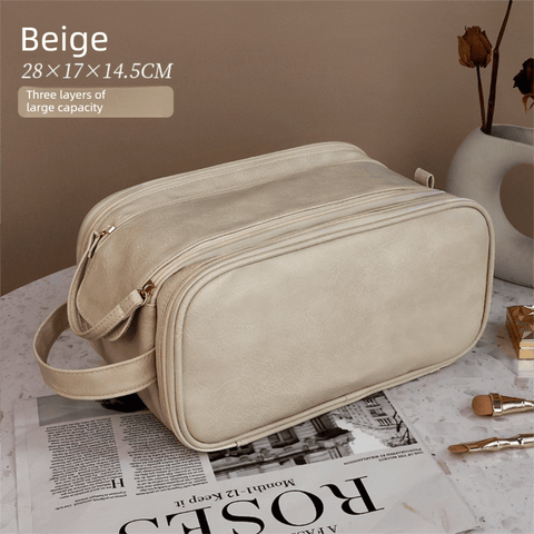 Darrahopens Health & Beauty > Cosmetic Storage > Cosmetic & Toiletry Bags Luxury Cream Beige Large Capacity Makeup Bag – 3-Layer Double Zipper Travel Toiletry Organizer with Waterproof TPU Brush Holders