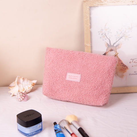 Darrahopens Health & Beauty > Cosmetic Storage > Cosmetic & Toiletry Bags Medium Pink Teddy Fleece Cosmetic Pouch - Soft Sherpa Flat Makeup Bag & Travel Clutch - Multi-purpose Organiser (26cm x 18cm)