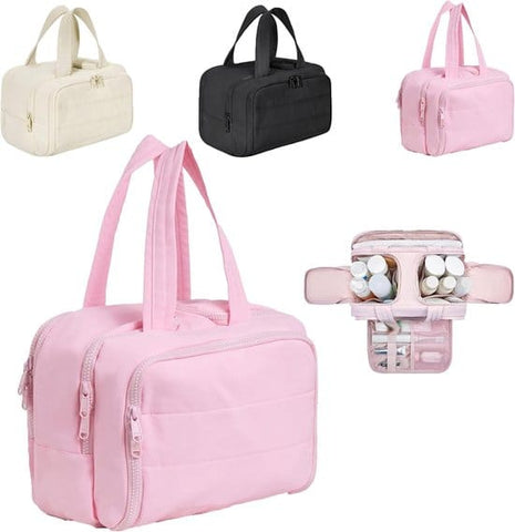 Darrahopens Health & Beauty > Cosmetic Storage > Cosmetic & Toiletry Bags Multi-Zip Makeup Bag - Toiletry Bag - Spacious Storage, Organized Layered Design with Carry Handle - Ideal for Travel & Daily Use（Pink）