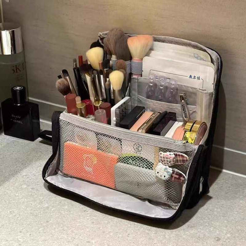 Darrahopens Health & Beauty > Cosmetic Storage > Cosmetic & Toiletry Bags Portable Multi-Functional Toiletry Bag, Stand-Up Large-Capacity Storage Bag for Makeup Brushes, Cosmetics, and Toiletries, Jinbu Multi-Compartment Storage Bag - Black
