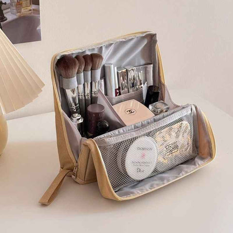 Darrahopens Health & Beauty > Cosmetic Storage > Cosmetic & Toiletry Bags Portable Multi-Functional Toiletry Bag, Stand-Up Large-Capacity Storage Bag for Makeup Brushes, Cosmetics, and Toiletries, Jinbu Multi-Compartment Storage Bag - Yellow