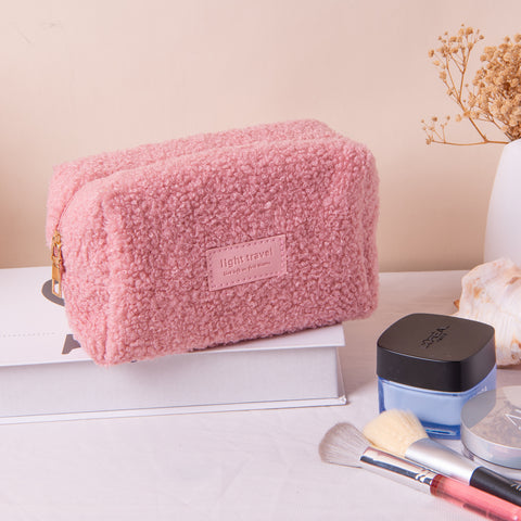 Darrahopens Health & Beauty > Cosmetic Storage > Cosmetic & Toiletry Bags Small Pink Teddy Fleece Cosmetic Bag - Compact Soft Sherpa Makeup Pouch - Daily Purse Organiser for Lipstick & Essentials (18cm)