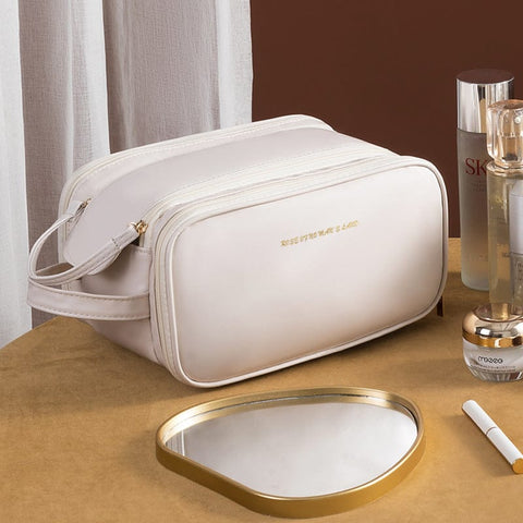 Darrahopens Health & Beauty > Cosmetic Storage > Cosmetic & Toiletry Bags White Large Capacity PU Leather Makeup Bag Dual Zipper Cosmetic Case Waterproof Travel Toiletry Organiser with Brush Compartment