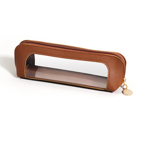 Darrahopens Health & Beauty > Cosmetic Storage > Makeup Organisation & Storage 2-Pcs Brown Transparent Makeup Brush Case – Portable Zippered Cosmetic Pouch with Clear Window for Travel and Daily Use in Australia