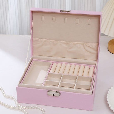 Darrahopens Health & Beauty > Cosmetic Storage > Makeup Organisation & Storage 2-Tier Jewelry Box - With Removable Drawer & Lock - Large Storage Capacity For All Jewelry - Pink