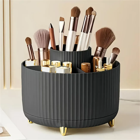 Darrahopens Health & Beauty > Cosmetic Storage > Makeup Organisation & Storage 360-degree rotational makeup product storage box - 1 plastic cosmetic storage box with 5 compartments - multi-functional storage rack for brushes, lipsticks, skincare products and stationery - durable and odorless desktop storage box with luxurious stripe