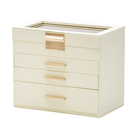Darrahopens Health & Beauty > Cosmetic Storage > Makeup Organisation & Storage 4 Layer Jewelry Box PU Leather Jewellery Organizer Multi-functional Storage Case with Clear Glass Lid and 3 Drawers for Necklaces Rings Earrings Watches