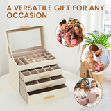 Darrahopens Health & Beauty > Cosmetic Storage > Makeup Organisation & Storage 4 Layer Jewelry Box PU Leather Jewellery Organizer Multi-functional Storage Case with Clear Glass Lid and 3 Drawers for Necklaces Rings Earrings Watches