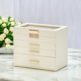 Darrahopens Health & Beauty > Cosmetic Storage > Makeup Organisation & Storage 4 Layer Jewelry Box PU Leather Jewellery Organizer Multi-functional Storage Case with Clear Glass Lid and 3 Drawers for Necklaces Rings Earrings Watches