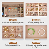 Darrahopens Health & Beauty > Cosmetic Storage > Makeup Organisation & Storage 4 Layer Jewelry Box PU Leather Jewellery Organizer Multi-functional Storage Case with Clear Glass Lid and 3 Drawers for Necklaces Rings Earrings Watches