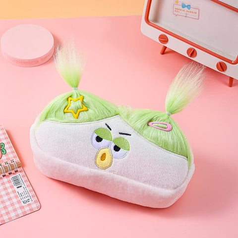 Darrahopens Health & Beauty > Cosmetic Storage > Makeup Organisation & Storage Beige and Light Green Hair Cute Plush Monster Pencil Case - Fluffy Stationery Pouch with DIY Styleable Hair for Kids