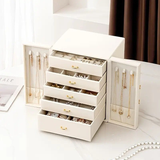 Darrahopens Health & Beauty > Cosmetic Storage > Makeup Organisation & Storage Blue  1 Large Faux Leather Jewelry Storage Box with 5 Drawers and Gold Handles - An elegant rectangular storage space for rings, necklaces, bracelets, earrings, and watches - Features soft fabric lining, side door design, textured surface finish - Luxury
