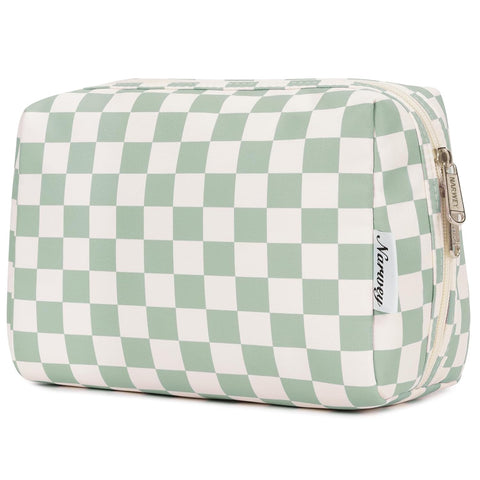 Darrahopens Health & Beauty > Cosmetic Storage > Makeup Organisation & Storage Checkered Makeup Bag Travel Makeup Bag Organizer Bag Makeup Bag Makeup Bag with Compartments for Ladies Girls (Large, Mint Green Checkerboard)