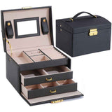Darrahopens Health & Beauty > Cosmetic Storage > Makeup Organisation & Storage Jewelry Box 3 Layer Faux Leather Makeup Case with 2 Drawers Black