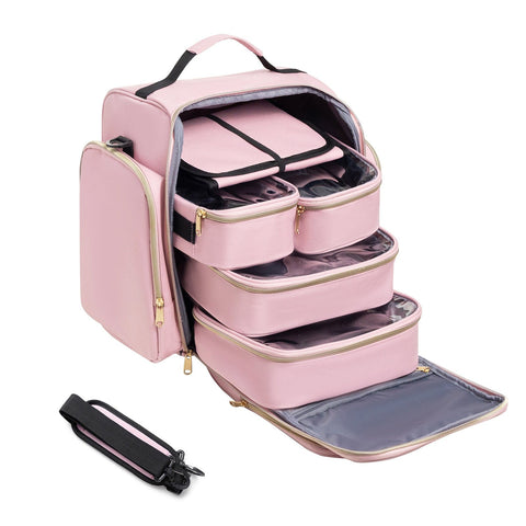 Darrahopens Health & Beauty > Cosmetic Storage > Makeup Organisation & Storage Large Capacity Travel Makeup Backpack with 5 Removable Organizer Cases & Jewelry Roll(pink)