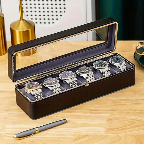 Darrahopens Health & Beauty > Cosmetic Storage > Makeup Organisation & Storage Luxury transparent-lid watch box with 6 fabric-lined compartments, portable and shockproof design, suitable for both men and women. Ideal for home, travel, or gifting—a refined storage solution for fine watches and jewelry. (Black)