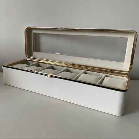 Darrahopens Health & Beauty > Cosmetic Storage > Makeup Organisation & Storage Luxury transparent-lid watch box with 6 fabric-lined compartments, portable and shockproof design, suitable for both men and women. Ideal for home, travel, or gifting—a refined storage solution for fine watches and jewelry. (White)