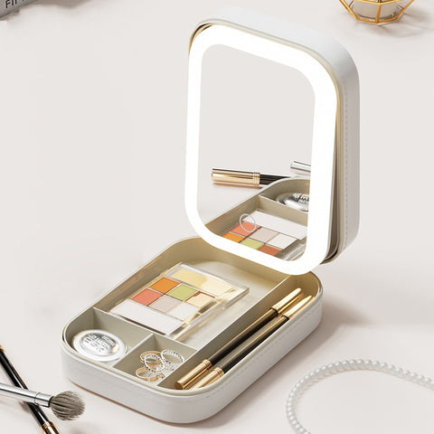 Darrahopens Health & Beauty > Cosmetic Storage > Makeup Organisation & Storage Portable Jewelry & Makeup Organizer Box with LED Touch Mirror - Rechargeable, Adjustable Lighting(white)