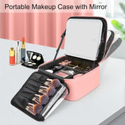 Darrahopens Health & Beauty > Cosmetic Storage > Makeup Organisation & Storage Portable LED Makeup Case with Mirror – Rechargeable 3-Color Light, 6 Adjustable Dividers, Brush Roll Holder, Waterproof PU Leather, Large Capacity Travel Cosmetic Organizer for Women, Includes Charging Cable (Pink)