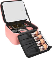 Darrahopens Health & Beauty > Cosmetic Storage > Makeup Organisation & Storage Portable LED Makeup Case with Mirror – Rechargeable 3-Color Light, 6 Adjustable Dividers, Brush Roll Holder, Waterproof PU Leather, Large Capacity Travel Cosmetic Organizer for Women, Includes Charging Cable (Pink)
