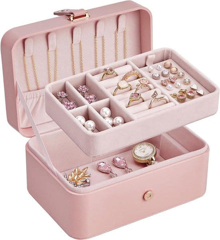 Darrahopens Health & Beauty > Cosmetic Storage > Makeup Organisation & Storage Travel Jewelry Case - 2 Layers with Velvet & Detachable Compartments - For Necklaces, Earrings & Bracelets - Pink