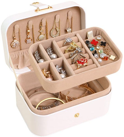 Darrahopens Health & Beauty > Cosmetic Storage > Makeup Organisation & Storage Travel Jewelry Case - 2 Layers with Velvet & Detachable Compartments - For Necklaces, Earrings & Bracelets - White