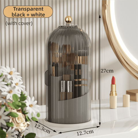 Darrahopens Health & Beauty > Cosmetic Storage > Makeup Organisation & Storage White 360° Rotating Makeup Brush Holder with Black Transparent Dust-Proof Sliding Door - Large Capacity Cosmetic Organizer, Professionaln Gradient Dual Zones