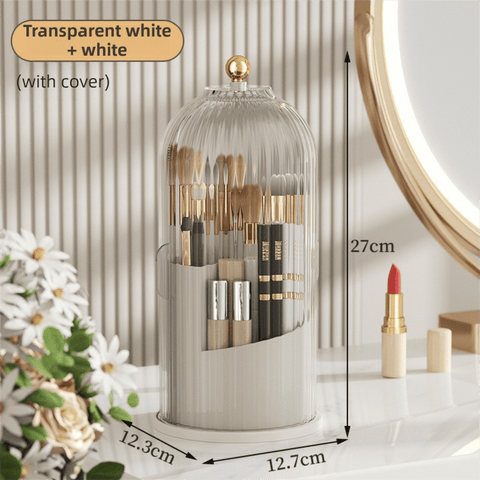 Darrahopens Health & Beauty > Cosmetic Storage > Makeup Organisation & Storage White 360° Rotating Makeup Brush Holder with Transparent Dust-Proof Sliding Door - Large Capacity Cosmetic Organizer, Professionaln Gradient Dual Zones