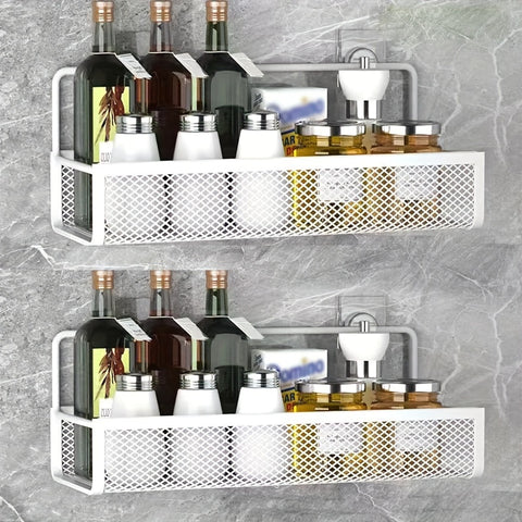Darrahopens Health & Beauty > Cosmetic Storage > Makeup Organisation & Storage Wrought Iron Bathroom Storage Basket, Wall-Mounted Self-Adhesive Toothbrush Holder, Cosmetic & Condiment Shower Shelves, Kitchen & Bathroom Decorative Accessories/ WHITE