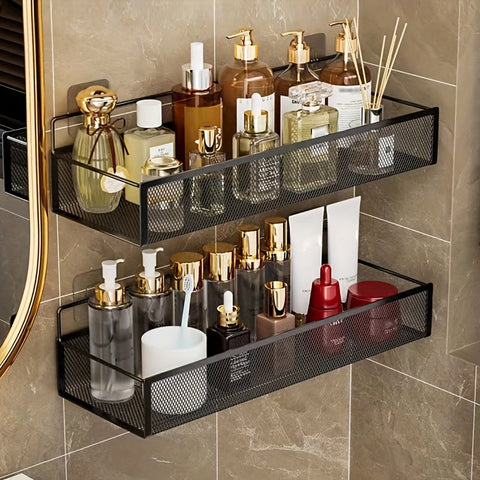 Darrahopens Health & Beauty > Cosmetic Storage > Makeup Organisation & Storage Wrought Iron Bathroom Storage Basket, Wall-Mounted Self-Adhesive Toothbrush Holder, Cosmetic & Condiment Shower Shelves, Kitchen & Bathroom Decorative Accessories/ BLACK