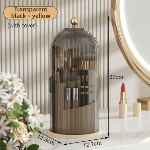 Darrahopens Health & Beauty > Cosmetic Storage > Makeup Organisation & Storage Yellow 360° Rotating Makeup Brush Holder with Black Transparent Dust-Proof Sliding Door - Large Capacity Cosmetic Organizer, Professionaln Gradient Dual Zones