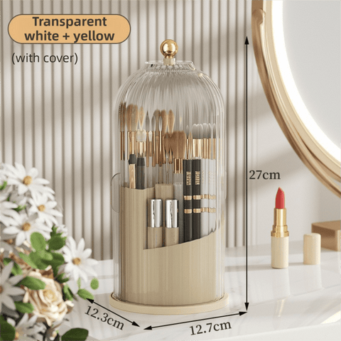 Darrahopens Health & Beauty > Cosmetic Storage > Makeup Organisation & Storage Yellow 360° Rotating Makeup Brush Holder with Transparent Dust-Proof Sliding Door - Large Capacity Cosmetic Organizer, Professionaln Gradient Dual Zones
