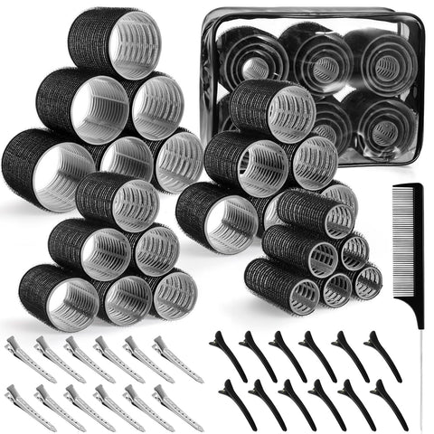 Darrahopens Health & Beauty > Hair Care > Hair Styling Products Black 50-Piece Professional Hair Roller Set - Multi-Size Self-Grip Velcro Rollers with Clips and Tail Comb - Complete Heatless Styling Kit for Voluminous Curls and Air Bangs