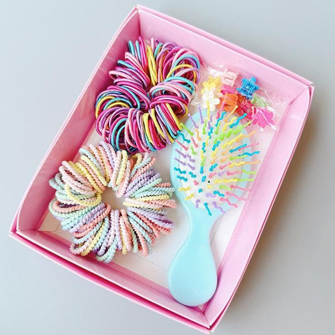 Darrahopens Health & Beauty > Hair Care > Hair Styling Products Style 1 Boxed Hair Tie Set with Pink Rubber Bands, Cute Hair Accessories & Mini Comb – Perfect Gift for Girls