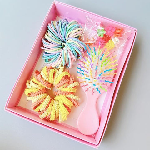Darrahopens Health & Beauty > Hair Care > Hair Styling Products Style 2 Boxed Hair Tie Set with Pink Rubber Bands, Cute Hair Accessories & Mini Comb – Perfect Gift for Girls