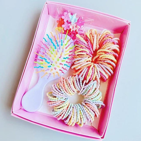 Darrahopens Health & Beauty > Hair Care > Hair Styling Products Style 4 Boxed Hair Tie Set with Pink Rubber Bands, Cute Hair Accessories & Mini Comb – Perfect Gift for Girls