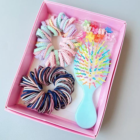 Darrahopens Health & Beauty > Hair Care > Hair Styling Products Style 6 Boxed Hair Tie Set with Pink Rubber Bands, Cute Hair Accessories & Mini Comb – Perfect Gift for Girls