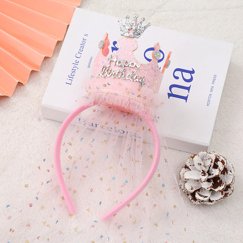 Darrahopens Health & Beauty > Hair Care > Hair Styling Tools Pink 2-Pack Tulle Crown Headbands with "Happy Birthday" Sparkle Design for Kids – Princess Party Hair Accessories