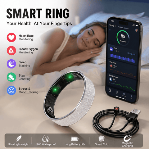 Darrahopens Health & Beauty > Health & Wellbeing > Monitoring & Testing Smart Ring Size 10 (Silver) – Frosted Silver Wellness Tracker with Heart Rate, Blood Oxygen, Sleep, Steps and Mood Monitoring, IP68 Waterproof USB Magnetic Charging Ring In Australia - Darrahopens