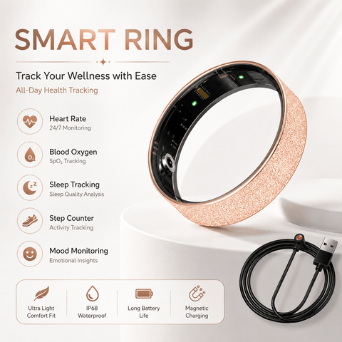 Darrahopens Health & Beauty > Health & Wellbeing > Monitoring & Testing Smart Ring Size 11 (Rose Gold) – Frosted Rose Gold Wellness Tracker with Heart Rate, Blood Oxygen, Sleep, Steps and Mood Monitoring, IP68 Waterproof USB Magnetic Charging Ring In Australia - Darrahopens