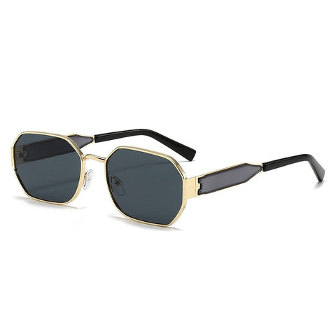 Darrahopens Health & Beauty > Health & Wellbeing > Protective Equipment Gold Frame and Black Grey Lenses Modern Retro Geometric Sunglasses - Chic Metal Frame with UV400 Lenses and Black PU Leather Protective Case