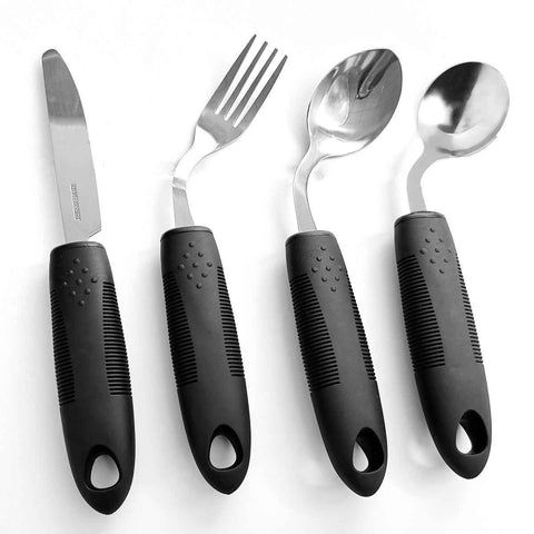 Weighted Adaptive Utensils, 4Pcs Weighted Utensils for Hand Tremors, 45°Angled Parkinsons Utensils for Elderly, 3.5oz Weighted Built Up Utensils for Adults, Disabled, Parkinson - Black - Size Left-Handed In Australia - Darrahopens